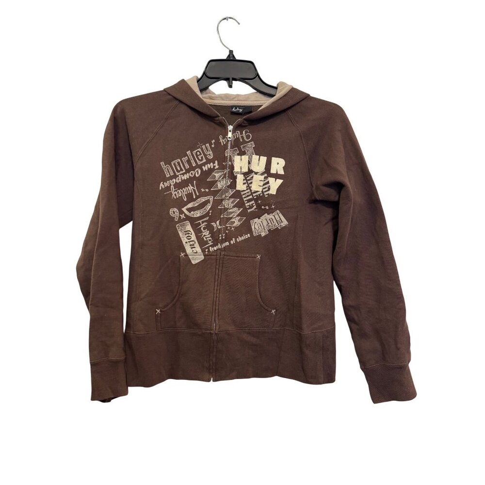 Hurley Womens Brown Zip-Up Hoodie With Graphic Print Size L